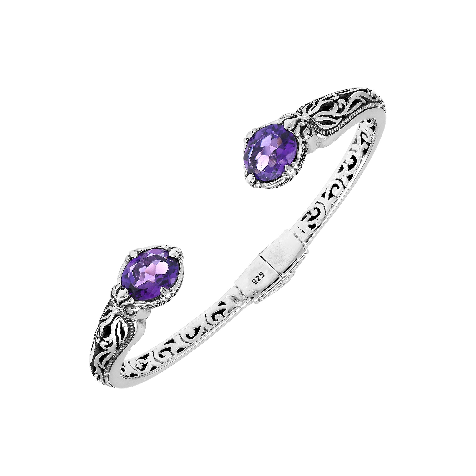 Sterling silver Amethyst Quartz open cuff bangle bracelet with handcrafted Balinese detailing