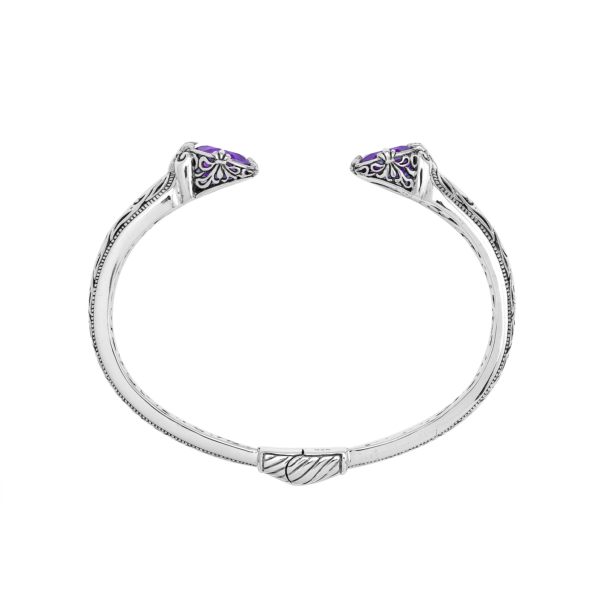 Sterling silver Amethyst Quartz open cuff bangle bracelet with handcrafted Balinese detailing
