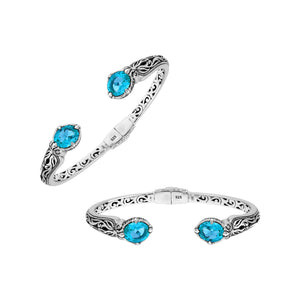 Sterling silver Blue Topaz Quartz open cuff bangle bracelet with handcrafted Balinese detailing