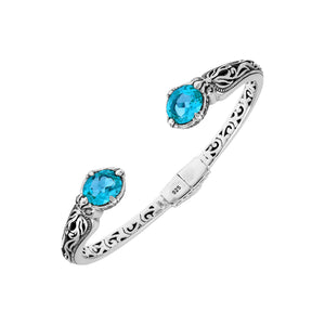 Sterling silver Blue Topaz Quartz open cuff bangle bracelet with handcrafted Balinese detailing