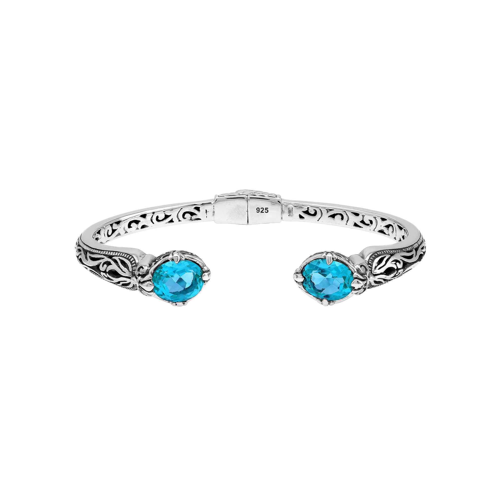 Sterling silver Blue Topaz Quartz open cuff bangle bracelet with handcrafted Balinese detailing