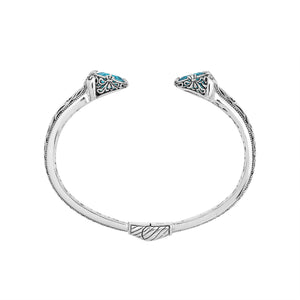 Sterling silver Blue Topaz Quartz open cuff bangle bracelet with handcrafted Balinese detailing