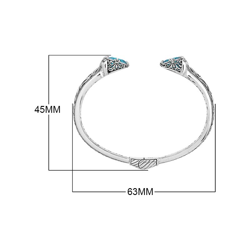 Sterling silver Blue Topaz Quartz open cuff bangle bracelet with handcrafted Balinese detailing