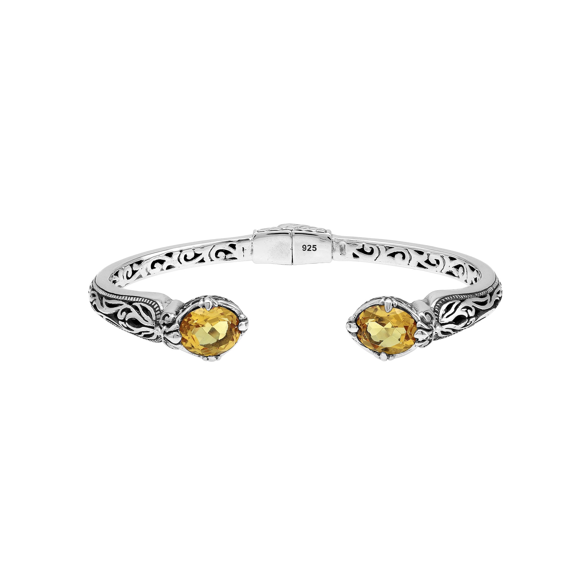 Sterling silver Citrine Quartz open cuff bangle bracelet with handcrafted Balinese detailing
