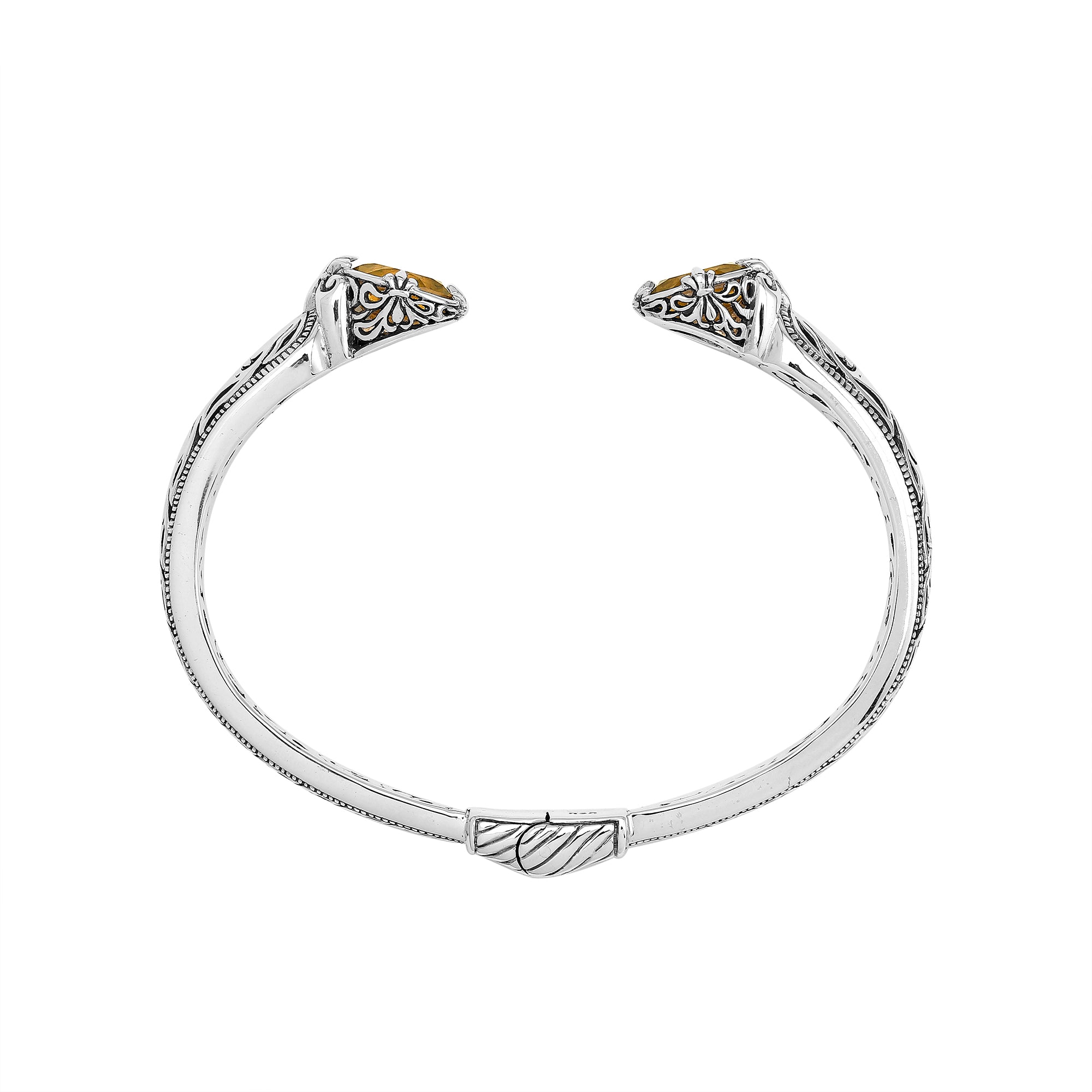 Sterling silver Citrine Quartz open cuff bangle bracelet with handcrafted Balinese detailing