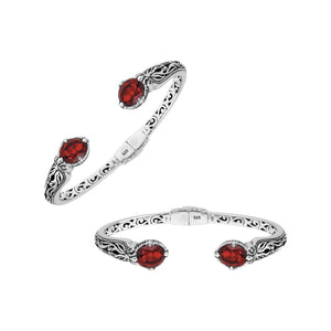 Sterling silver Garnet Quartz open cuff bangle bracelet with handcrafted Balinese detailing