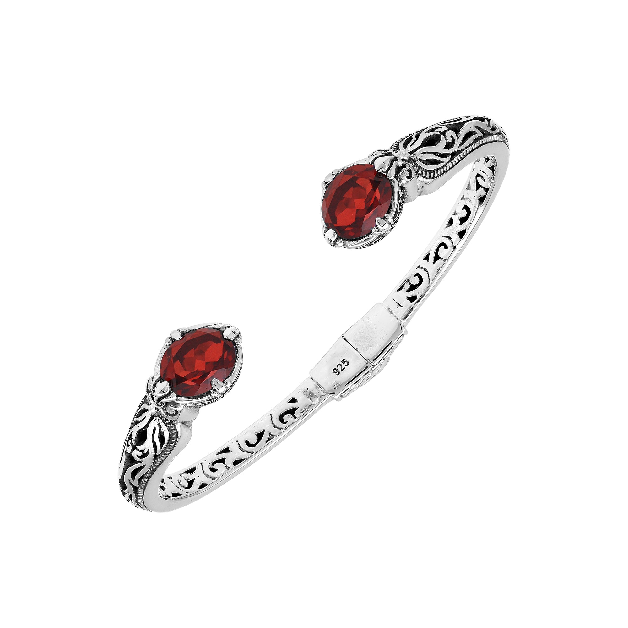 Sterling silver Garnet Quartz open cuff bangle bracelet with handcrafted Balinese detailing