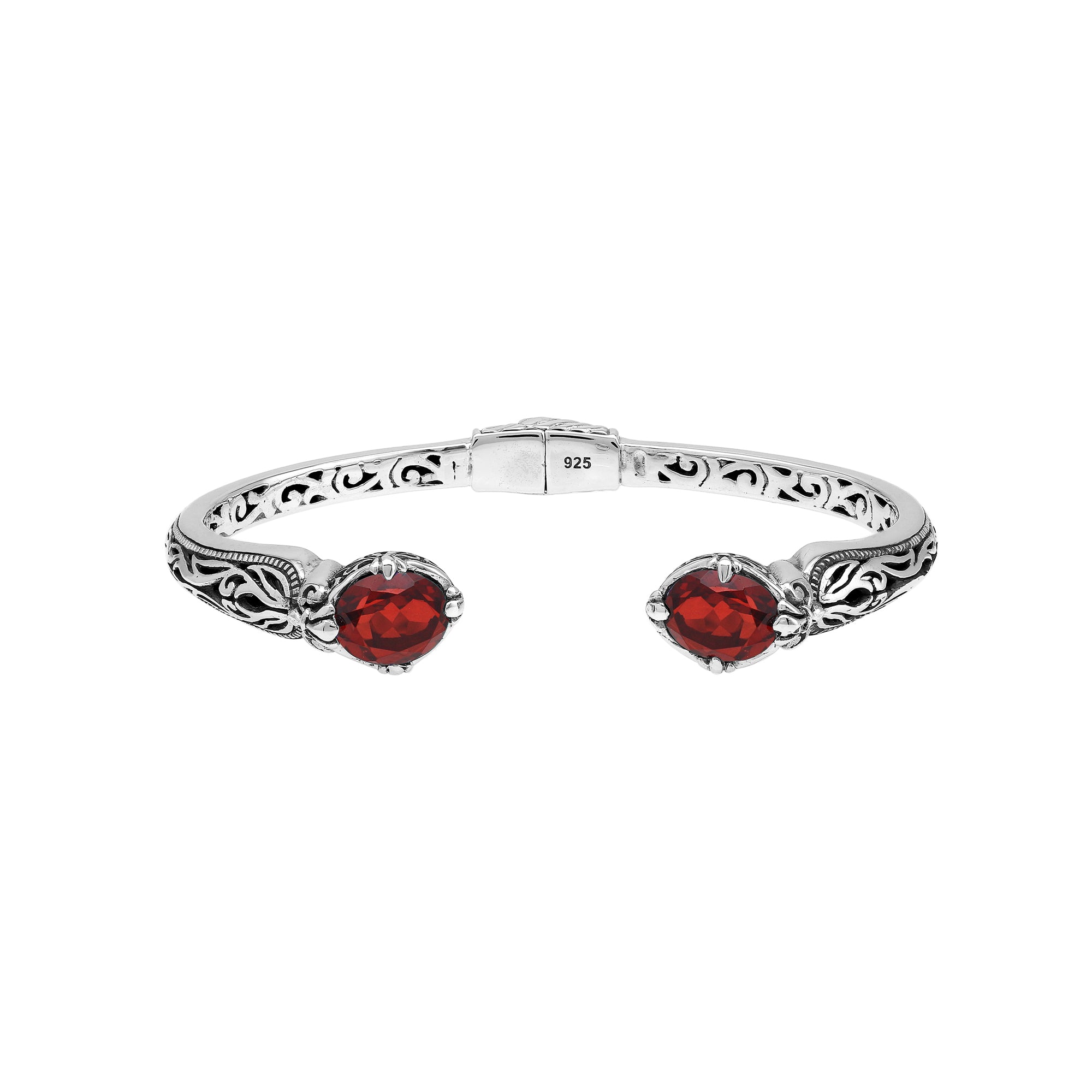 Sterling silver Garnet Quartz open cuff bangle bracelet with handcrafted Balinese detailing