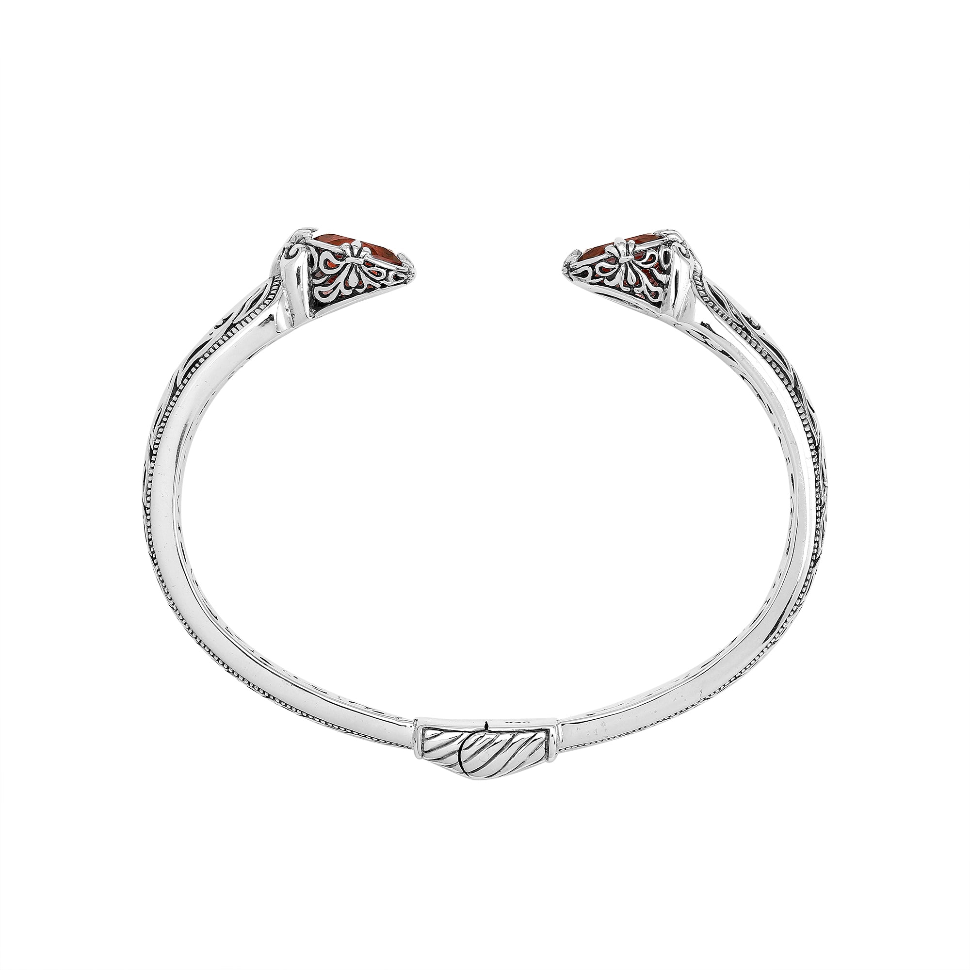 Sterling silver Garnet Quartz open cuff bangle bracelet with handcrafted Balinese detailing