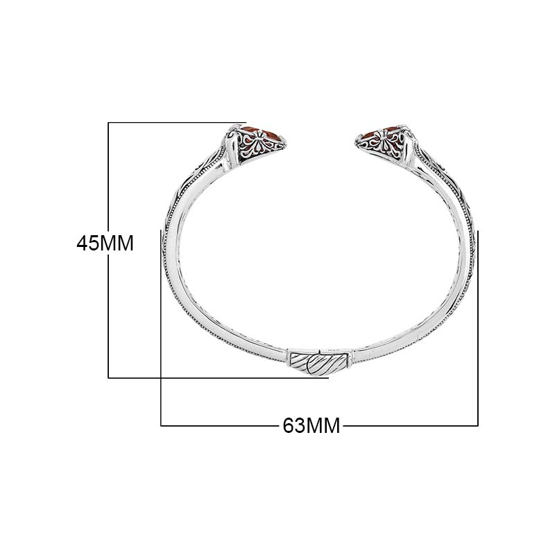 Sterling silver Garnet Quartz open cuff bangle bracelet with handcrafted Balinese detailing