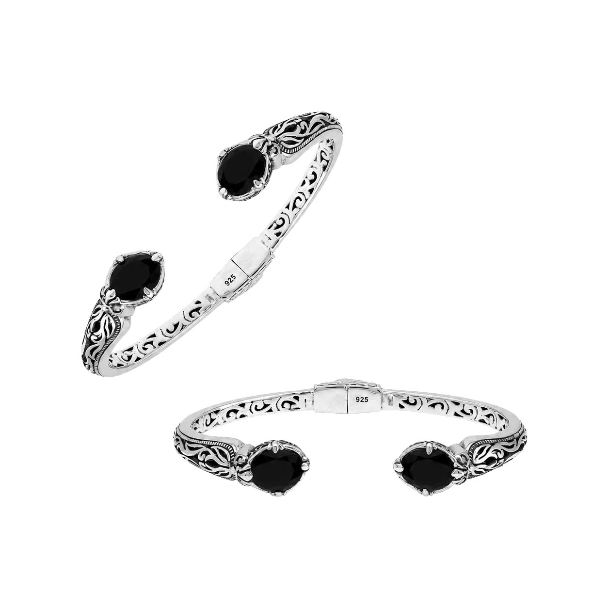Sterling silver Black Onyx open cuff bangle bracelet with Balinese scrollwork accents