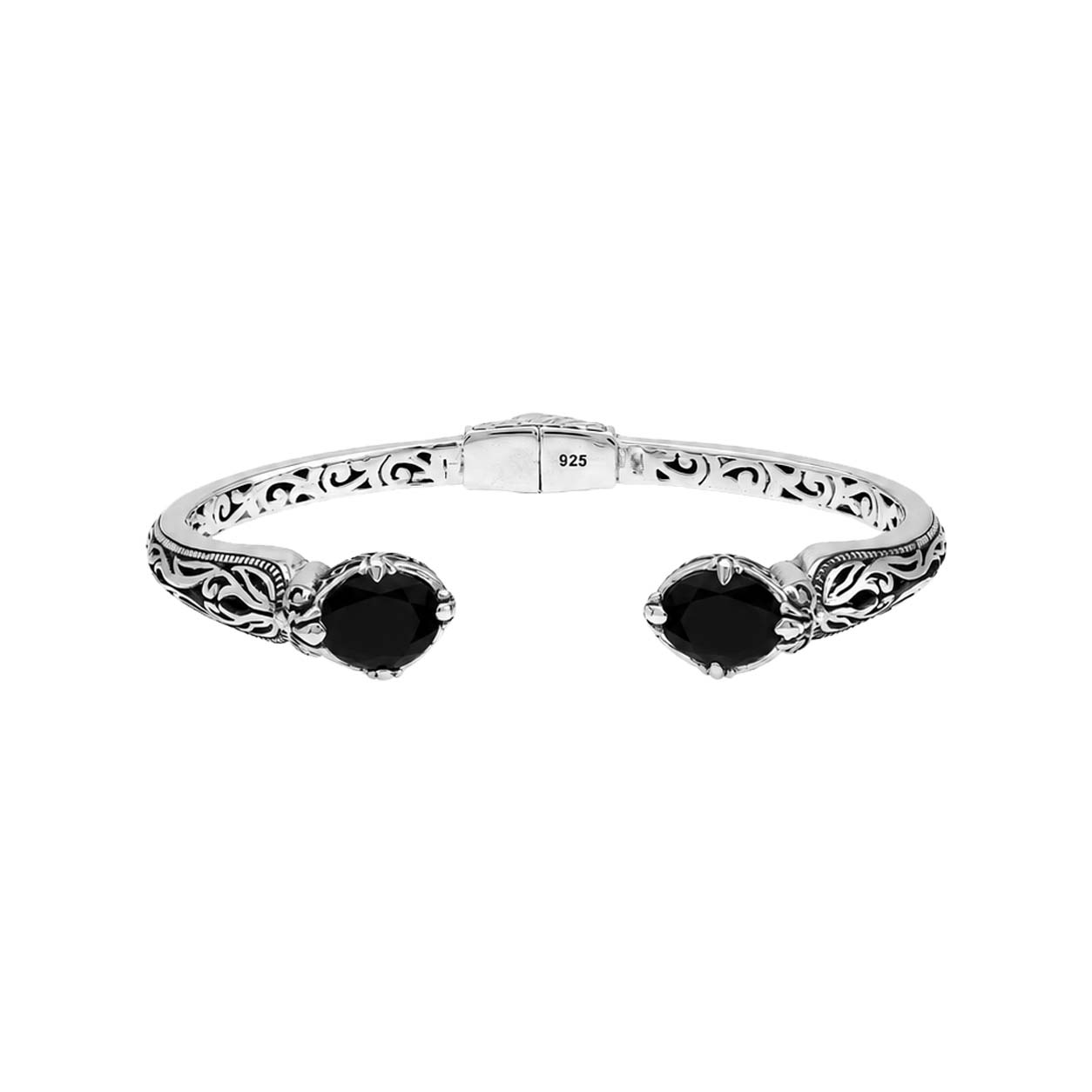 Sterling silver Black Onyx open cuff bangle bracelet with Balinese scrollwork accents