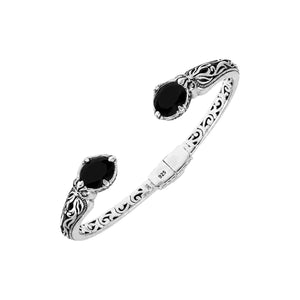 Sterling silver Black Onyx open cuff bangle bracelet with Balinese scrollwork accents
