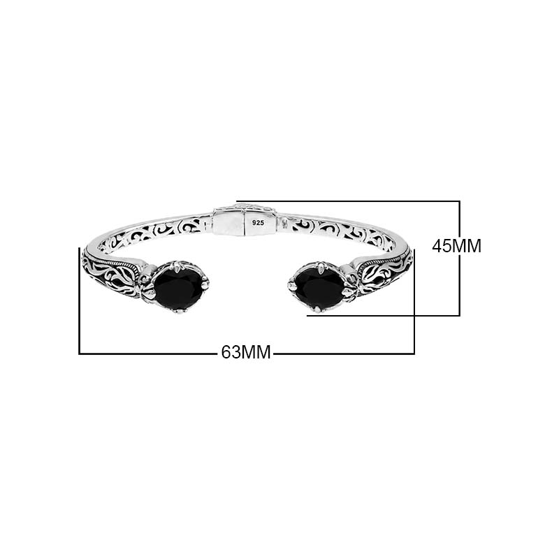 Sterling silver Black Onyx open cuff bangle bracelet with Balinese scrollwork accents