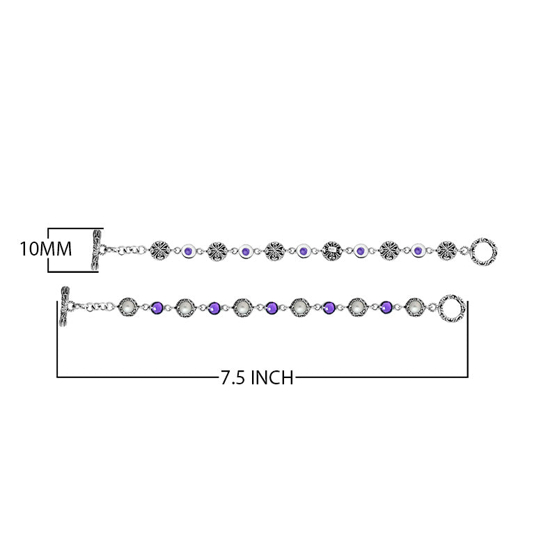 Wholesale sterling silver bracelet featuring alternating Mabe Pearl and Amethyst quartz gemstones in decorative round links with oxidized detailing and a secure toggle lock closure.