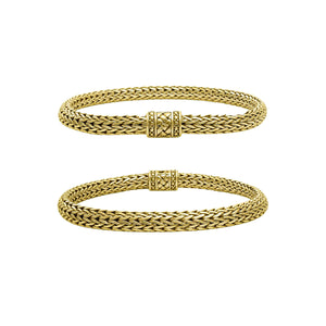 Wholesale 18K gold woven Bali chain bracelet featuring an ornate push clasp and high-polish finish, designed for premium inventory and upscale retail environments.