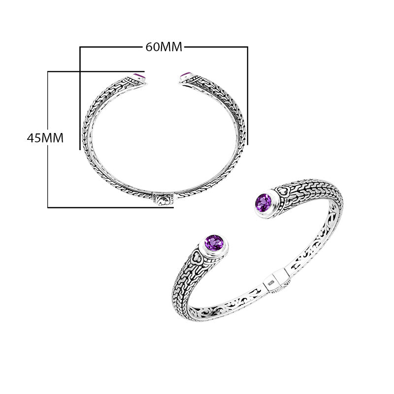 Wholesale sterling silver Bali engraved hinge cuff bracelet featuring amethyst quartz accents and polished–oxidized detailing, crafted for premium inventory and high-end wholesale jewelry buyers.