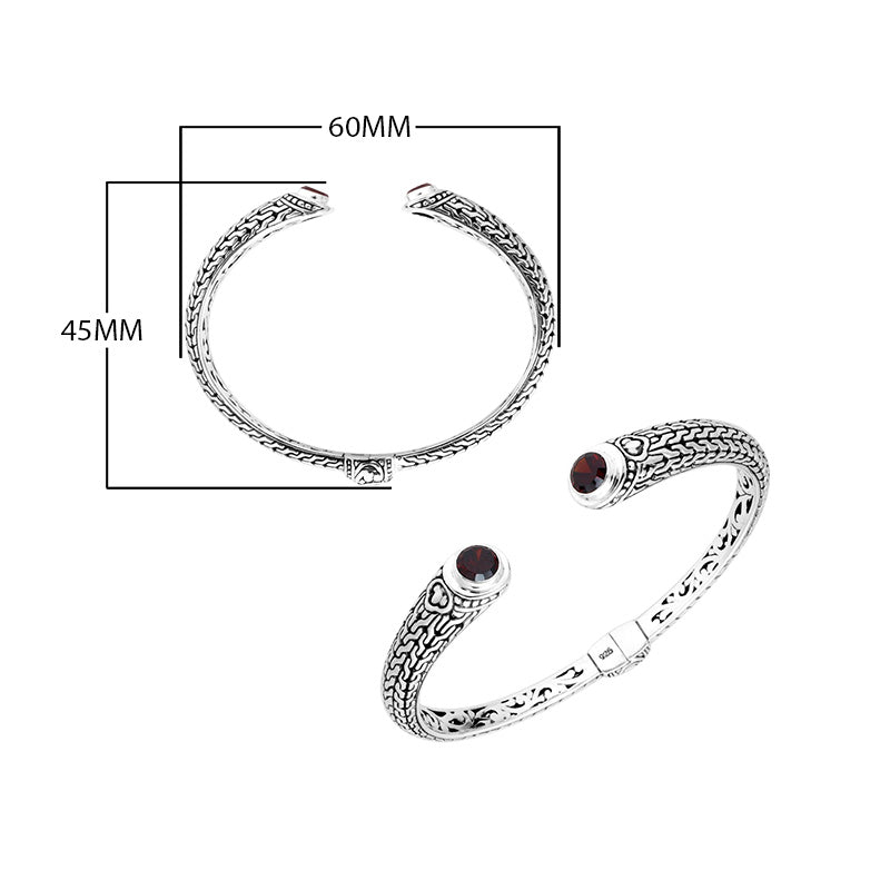 Wholesale sterling silver Bali engraved hinge cuff bracelet featuring deep red garnet quartz accents with polished–oxidized detailing, ideal for premium bulk jewelry inventory selections.