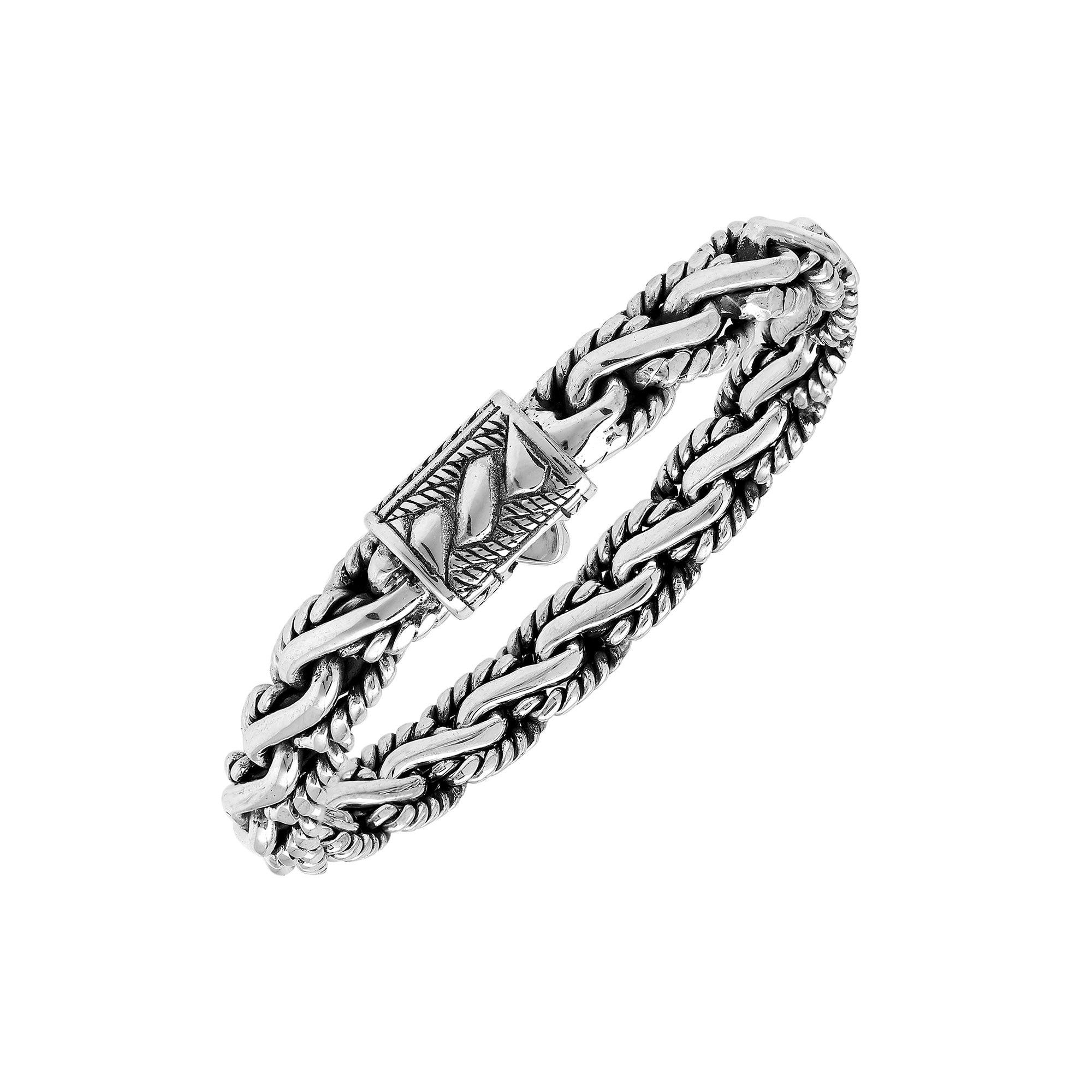 A beautifully handcrafted 925 sterling silver bracelet featuring an intricately braided chain design with a decorative clasp and polished high-gloss surface finish.