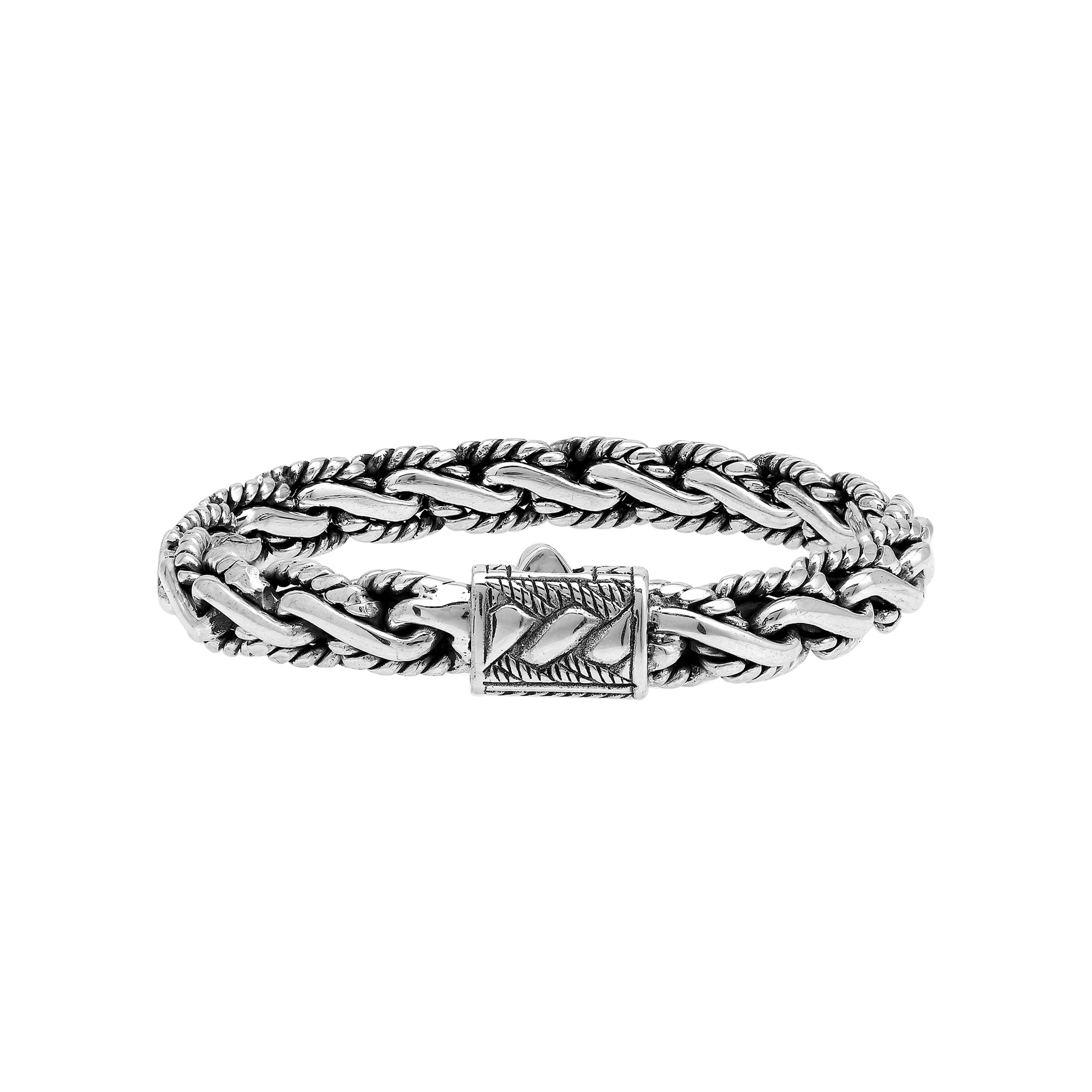 A beautifully handcrafted 925 sterling silver bracelet featuring an intricately braided chain design with a decorative clasp and polished high-gloss surface finish.