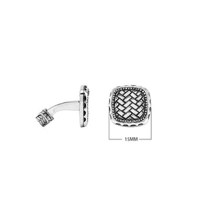 Wholesale sterling silver square cufflinks with Bali weave pattern and dotted border – handcrafted men’s formal jewelry for retailers and resellers.