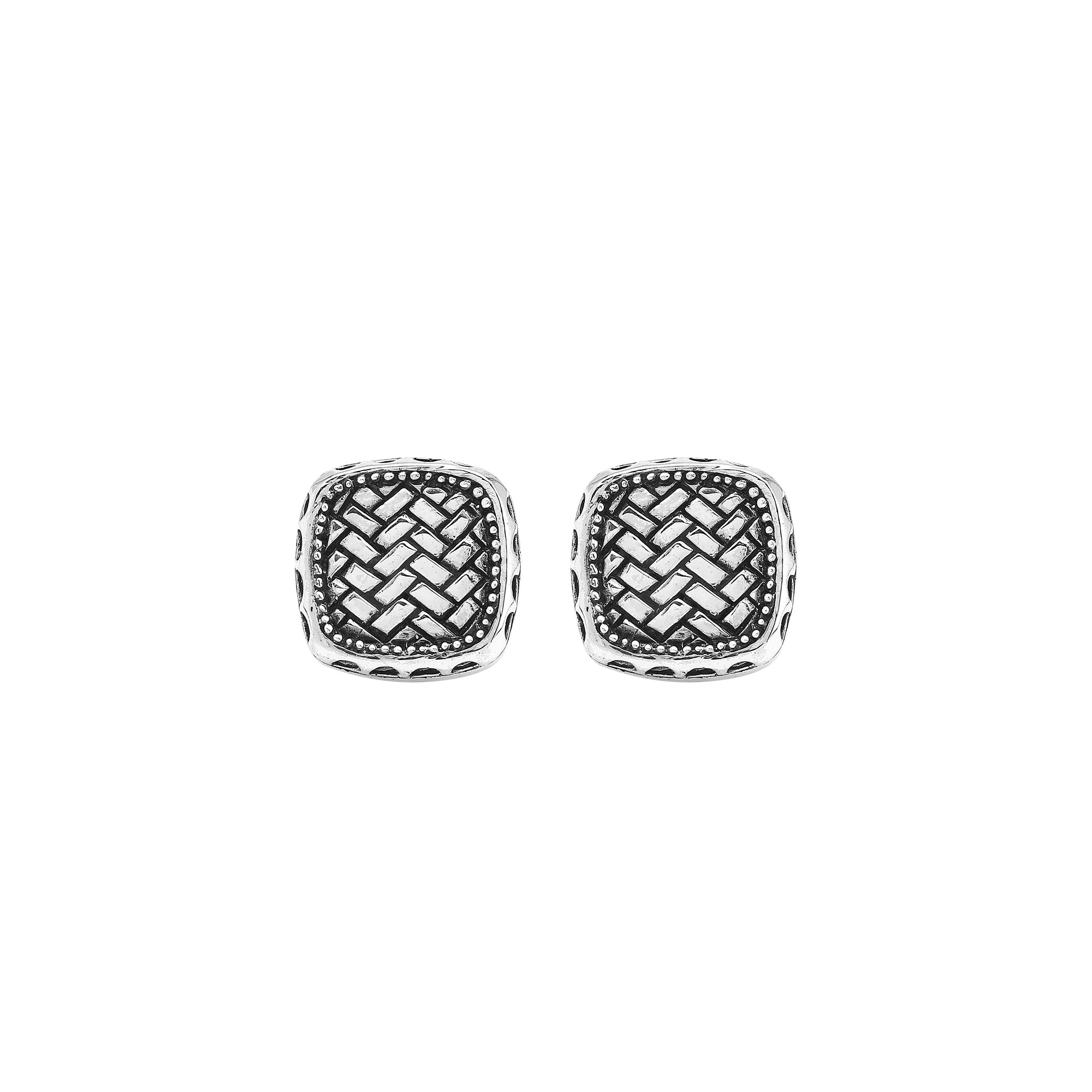 Wholesale sterling silver square cufflinks with Bali weave pattern and dotted border – handcrafted men’s formal jewelry for retailers and resellers.