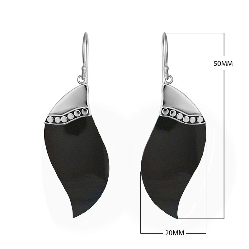 Sterling silver black shell wave earrings with dotted silver accent for wholesale jewelry buyers