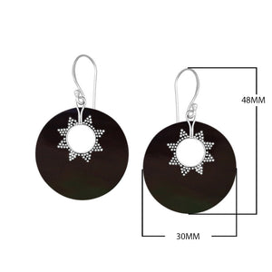 Sterling silver black shell round earrings with sunburst accent for wholesale jewelry buyers