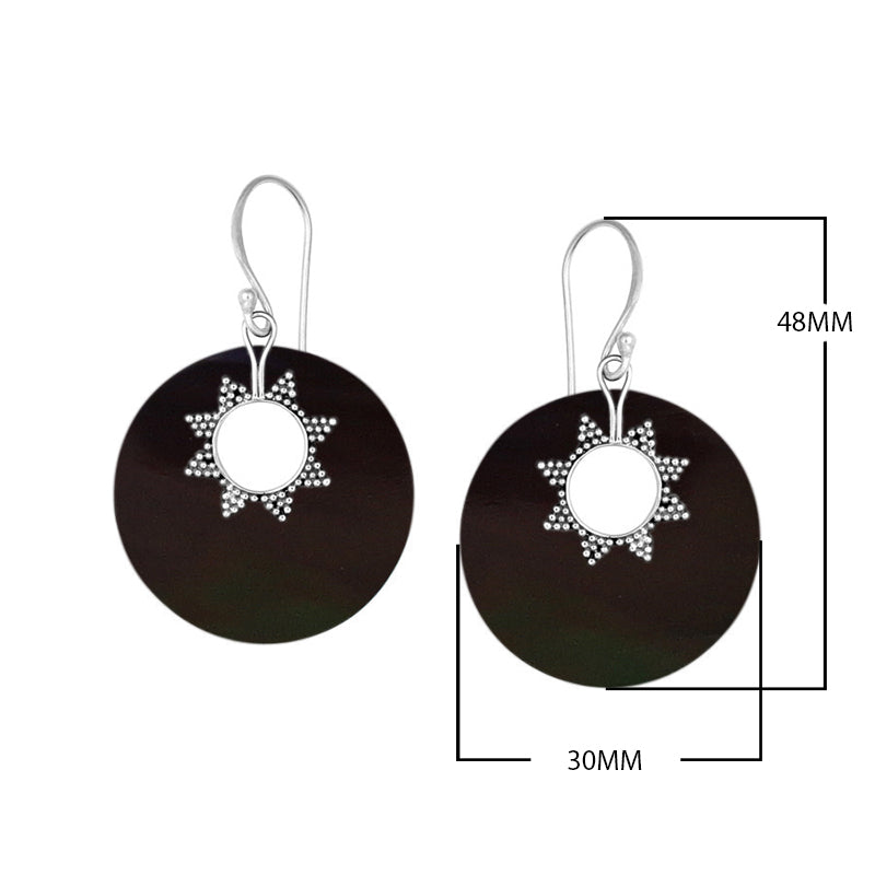 Sterling silver black shell round earrings with sunburst accent for wholesale jewelry buyers