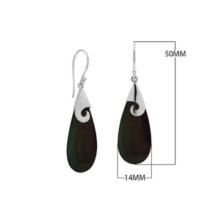 Wholesale sterling silver black shell teardrop earrings handcrafted in Bali with swirl silver detail