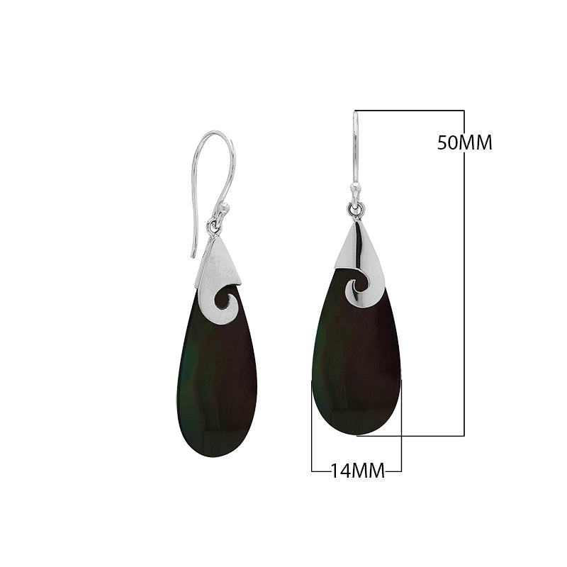 Wholesale sterling silver black shell teardrop earrings handcrafted in Bali with swirl silver detail