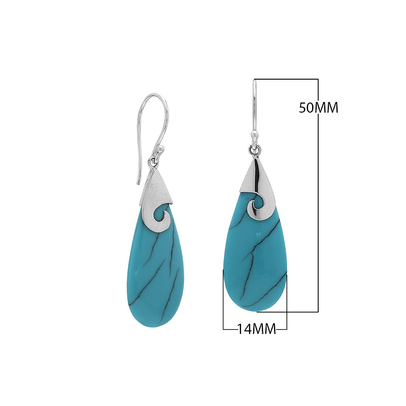 Wholesale sterling silver turquoise Shell teardrop earrings with swirl silver detail, handcrafted in Bali