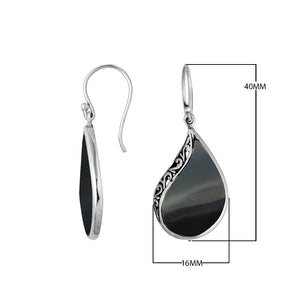 Wholesale sterling silver teardrop earrings with shimmering black shell inlay and Balinese scroll detailing, handcrafted in Bali