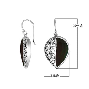Sterling silver teardrop earrings with Black Shell and Balinese scrollwork design.