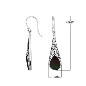 Sterling silver long teardrop earrings with Black Shell and Balinese scrollwork design.
