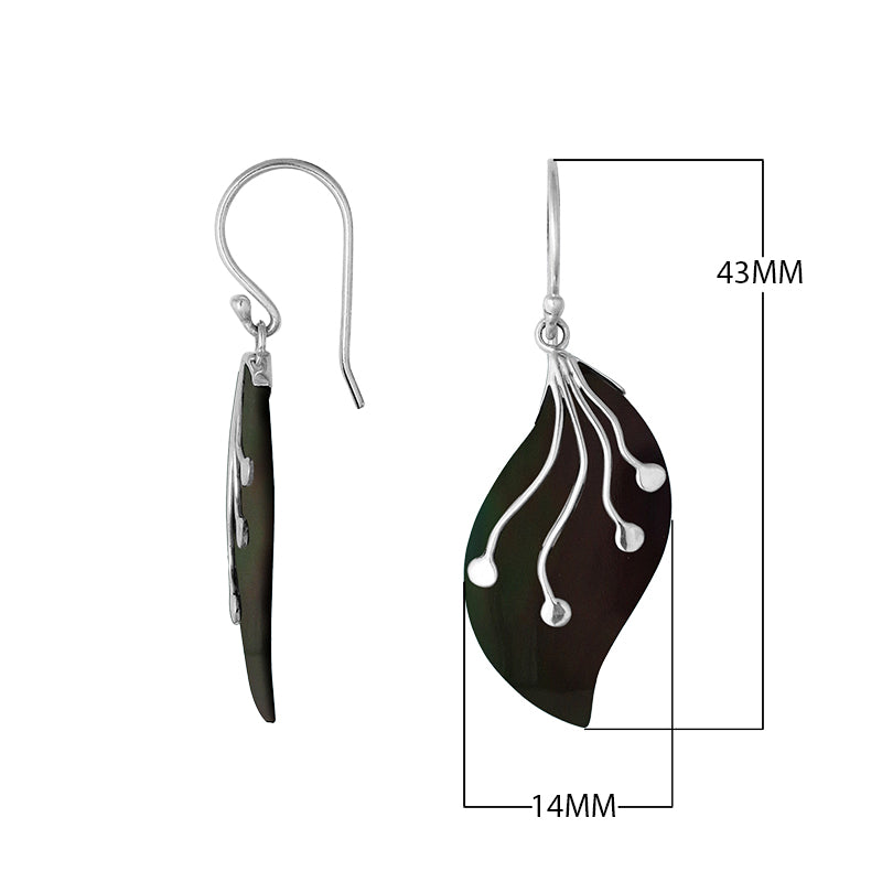 Sterling Silver Black Shell Leaf Drop Earrings featuring smooth curved design and silver flow accents for classic elegance