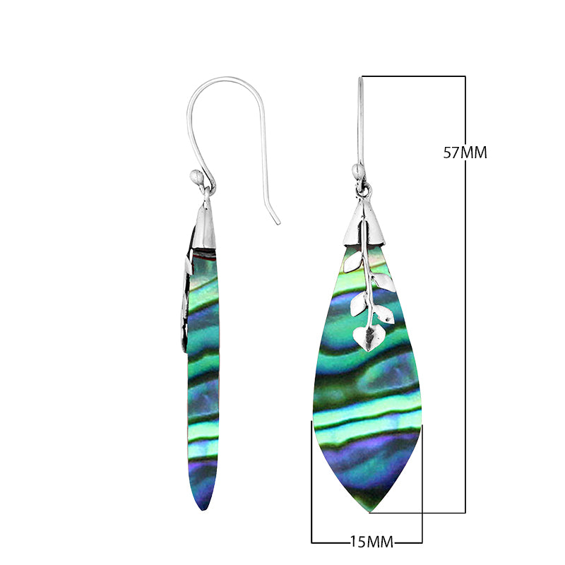Sterling Silver Abalone Shell Drop Earrings featuring elongated leaf design and silver detailing with mirror-polished finish for wholesale jewelry collections