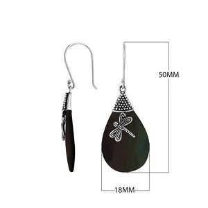 Black Shell Dragonfly Drop Earrings With Earwire In Sterling Silver