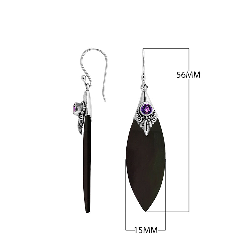 Sterling Silver Black Shell And Amethyst Quartz Marquise Drop Earrings