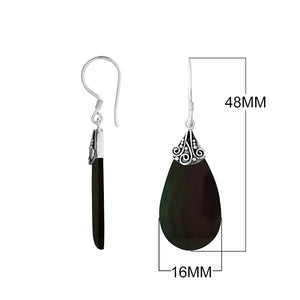 Black Shell Silver Teardrop Earrings With Filigree Cap