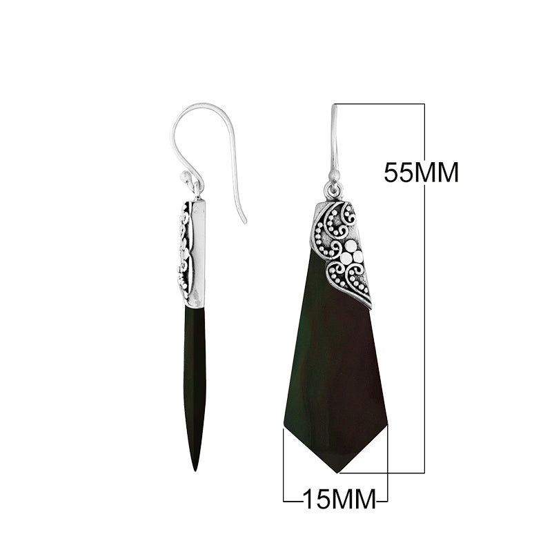 Black Shell Silver Geometric Drop Earrings With Filigree