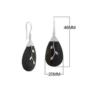 Black shell silver leaf motif dangle earrings