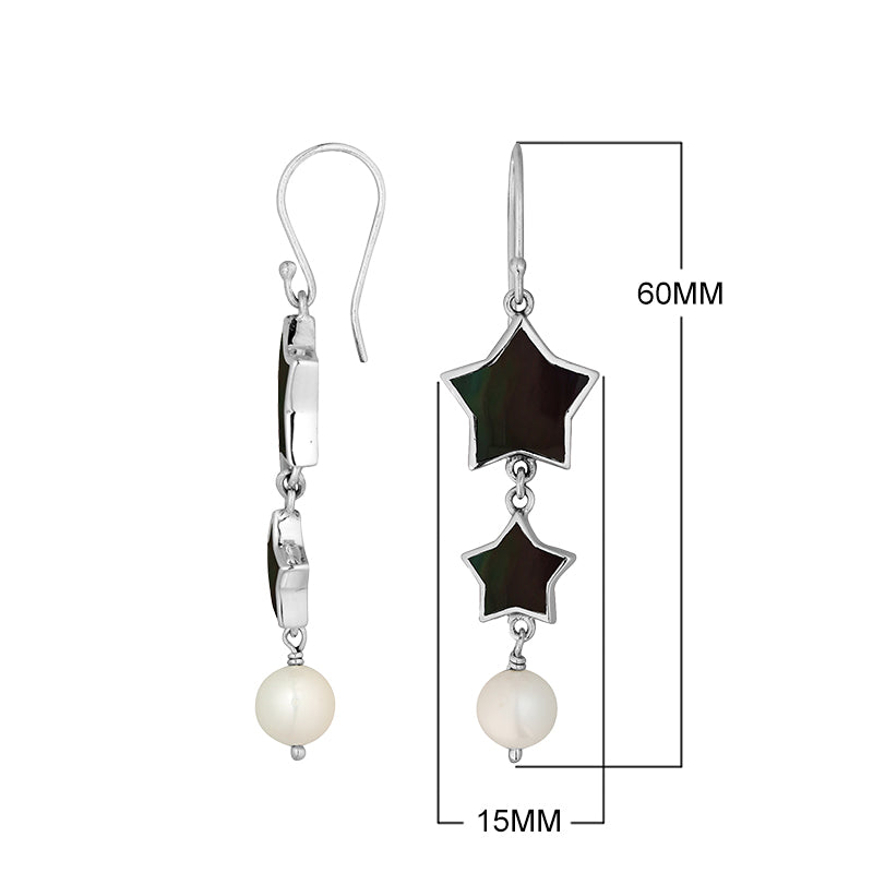 Black shell star earrings with pearl drop