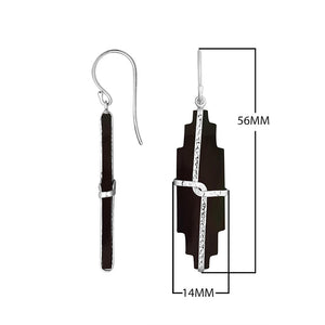 Black shell stepped earrings with hammered silver bar