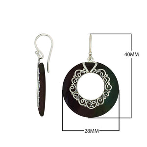 925 Sterling Silver Black Shell Filigree Round Earrings
