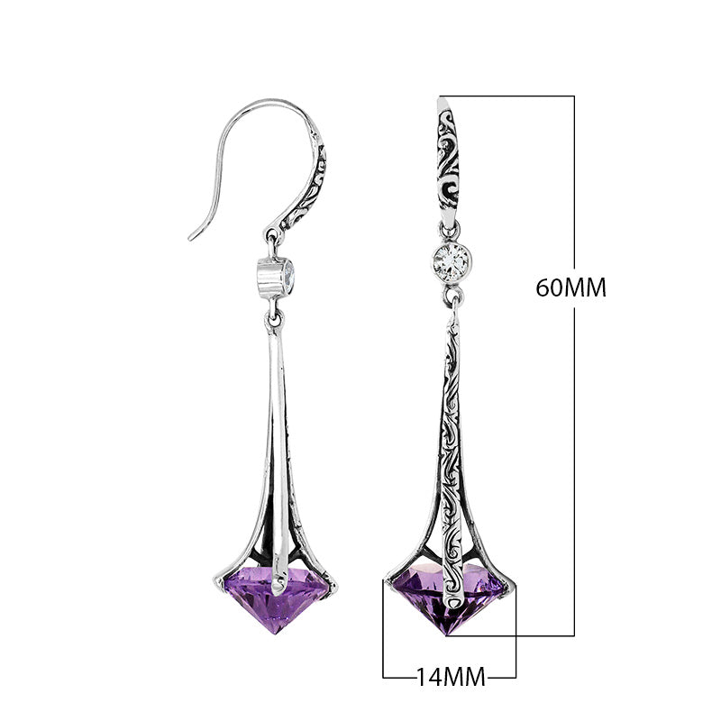 Silver Long Drop Earrings With Amethyst Quartz