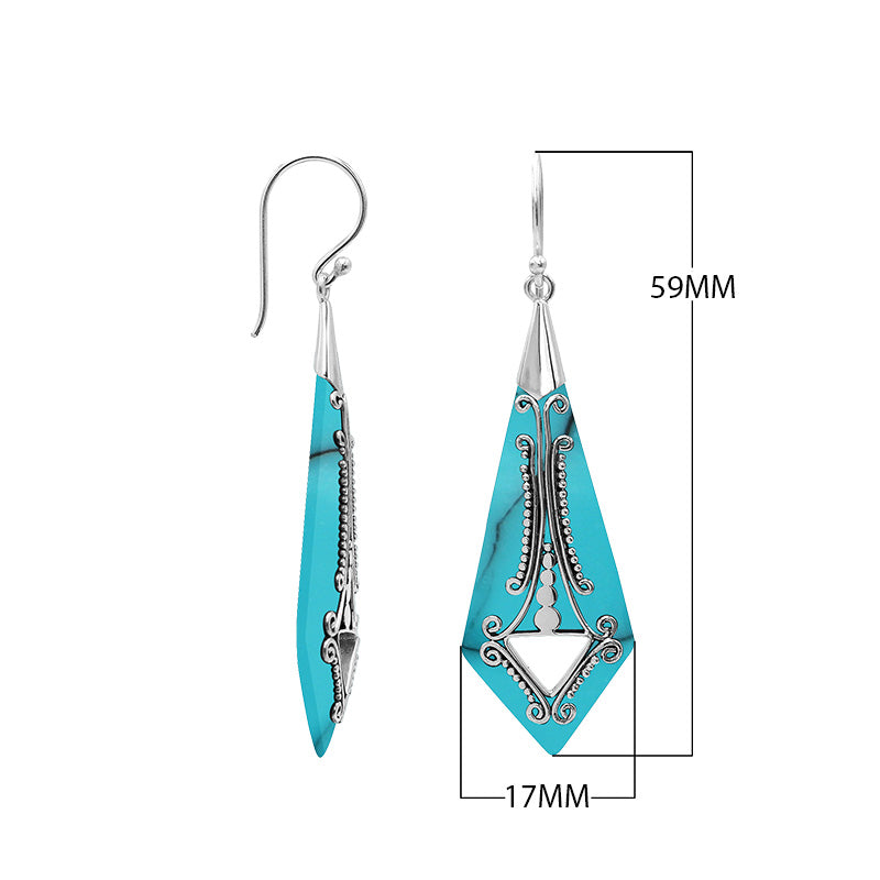 Silver elongated earrings with Turquoise Shell and ornate scroll detailing