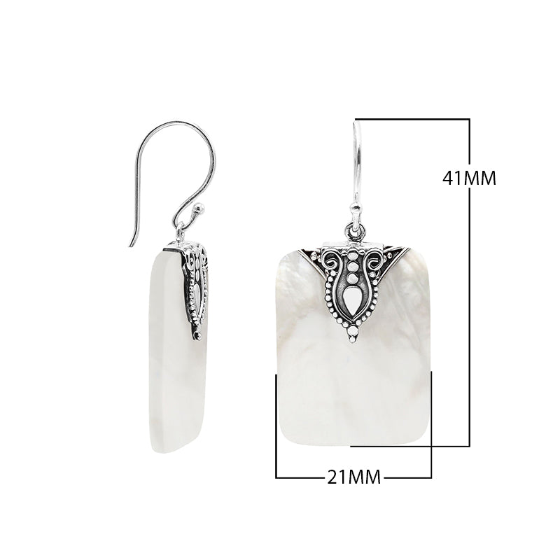 Rectangular Mother Of Pearl earrings with ornate silver top