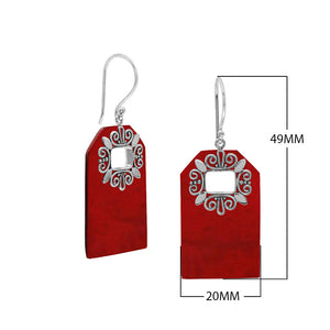 Red Coral geometric earrings with silver filigree frame