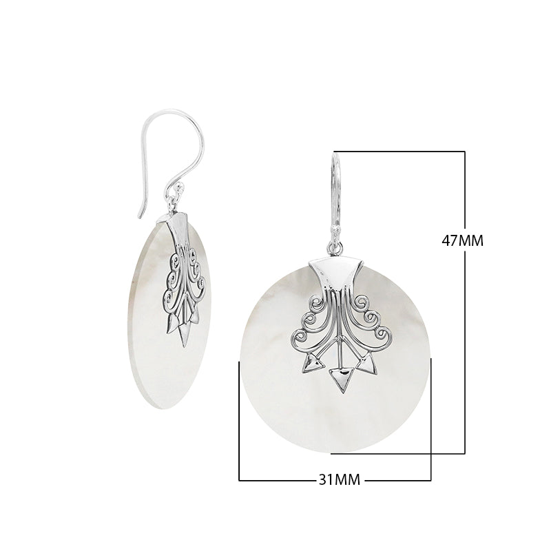 Sterling silver round Mother Of Pearl dangle earrings